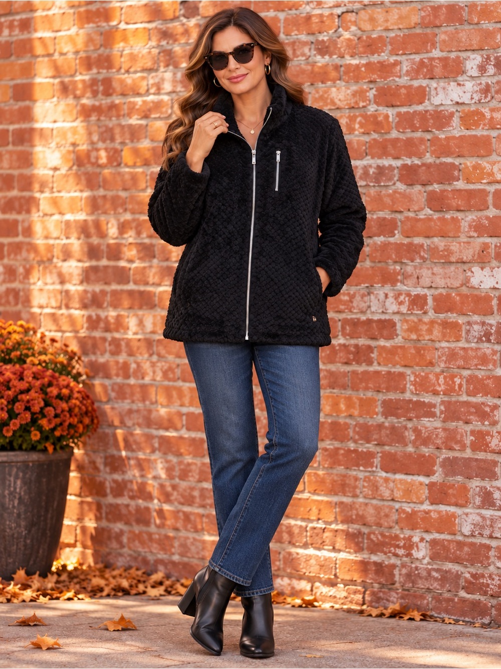 Calvin Klein Black Plush Faux Fur Zip-Front Women's Jacket